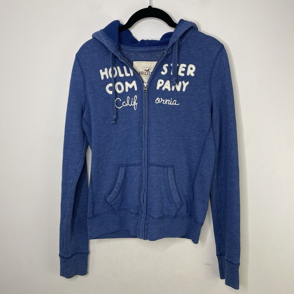 Hollister Hoodie Sweatshirt Women's Medium Full Zip Blue Grunge Vtg Y2K 1990's